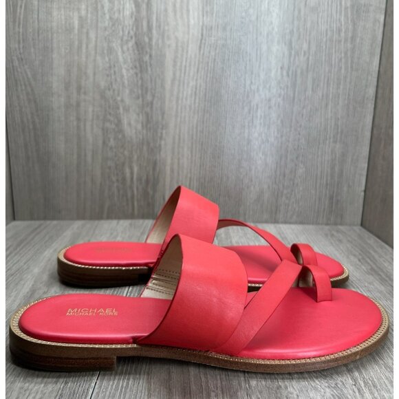 Michael Kors Pratt Flat Slide Sandals Womens 9.5M Slip On Toe Loop Leather Red - Picture 1 of 13